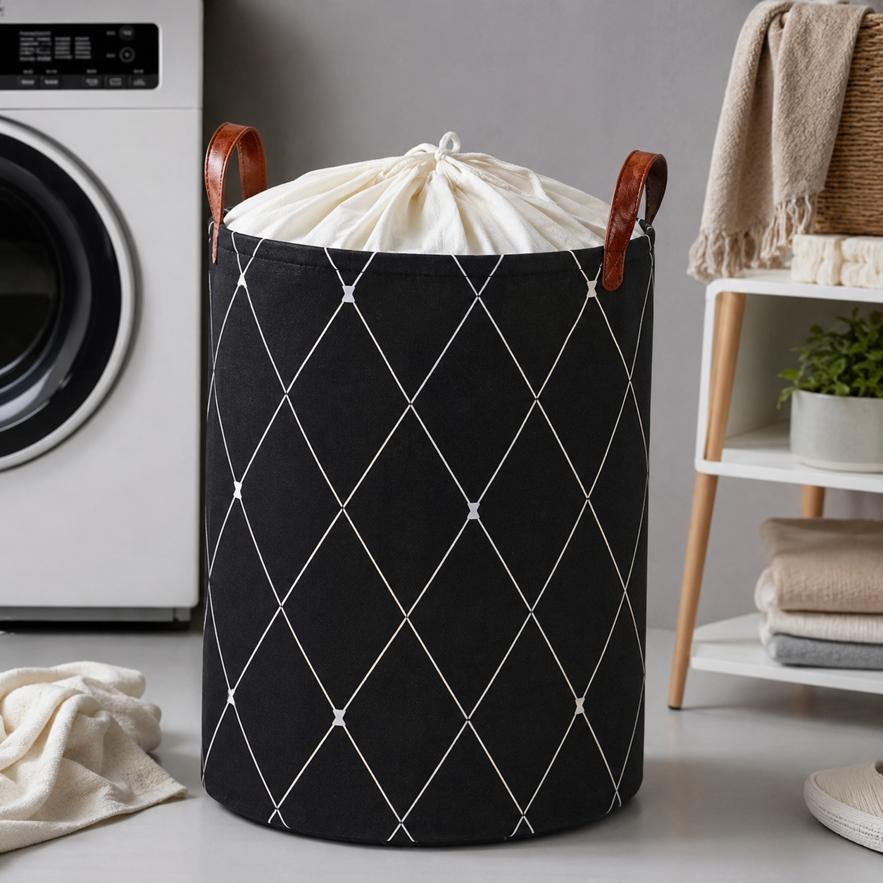 House of Quirk 48L Large Laundry Basket with Leather Handle & Drawstring Lid – Foldable Linen Clothes Storage Hamper for Bedroom, Bathroom & Laundry Room